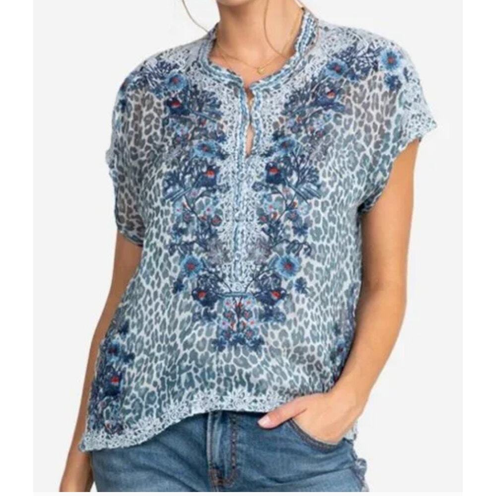 Johnny Was Biya blue chiffon blouse silk embroidered birds Large